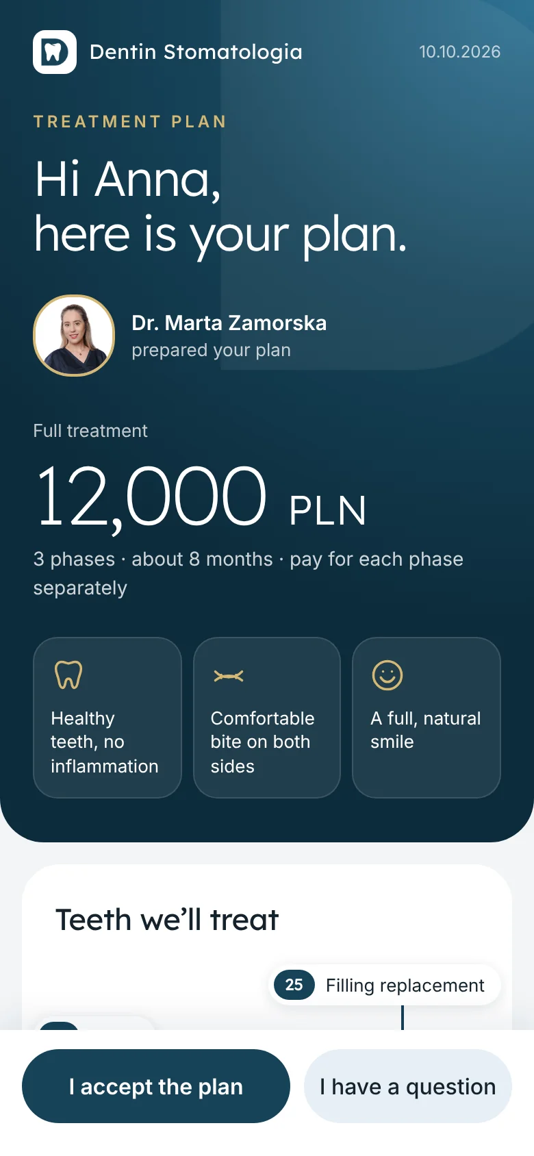 The same plan on a phone, with I accept the plan and I have a question buttons