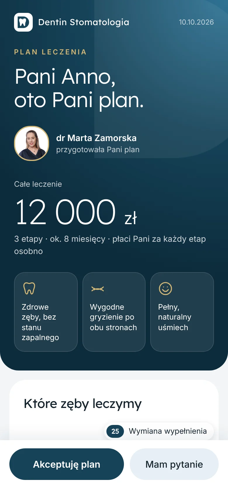 Ten sam plan na telefonie z przyciskami Akceptuję plan i Mam pytanie